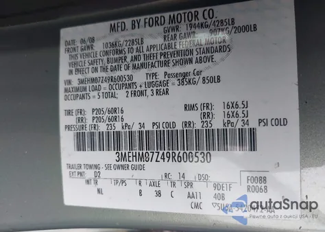 2009 Mercury Milan I4 z USA, uszkodzony, nr VIN 3MEHM07Z49R600530